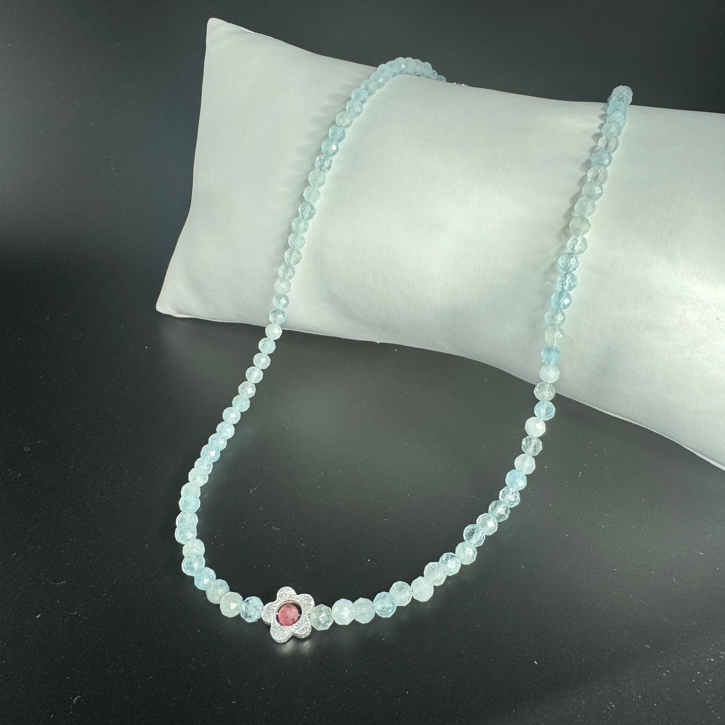 Aquamarin Kette 4 mm facettiert | 925 Silber & rosa Turmalin