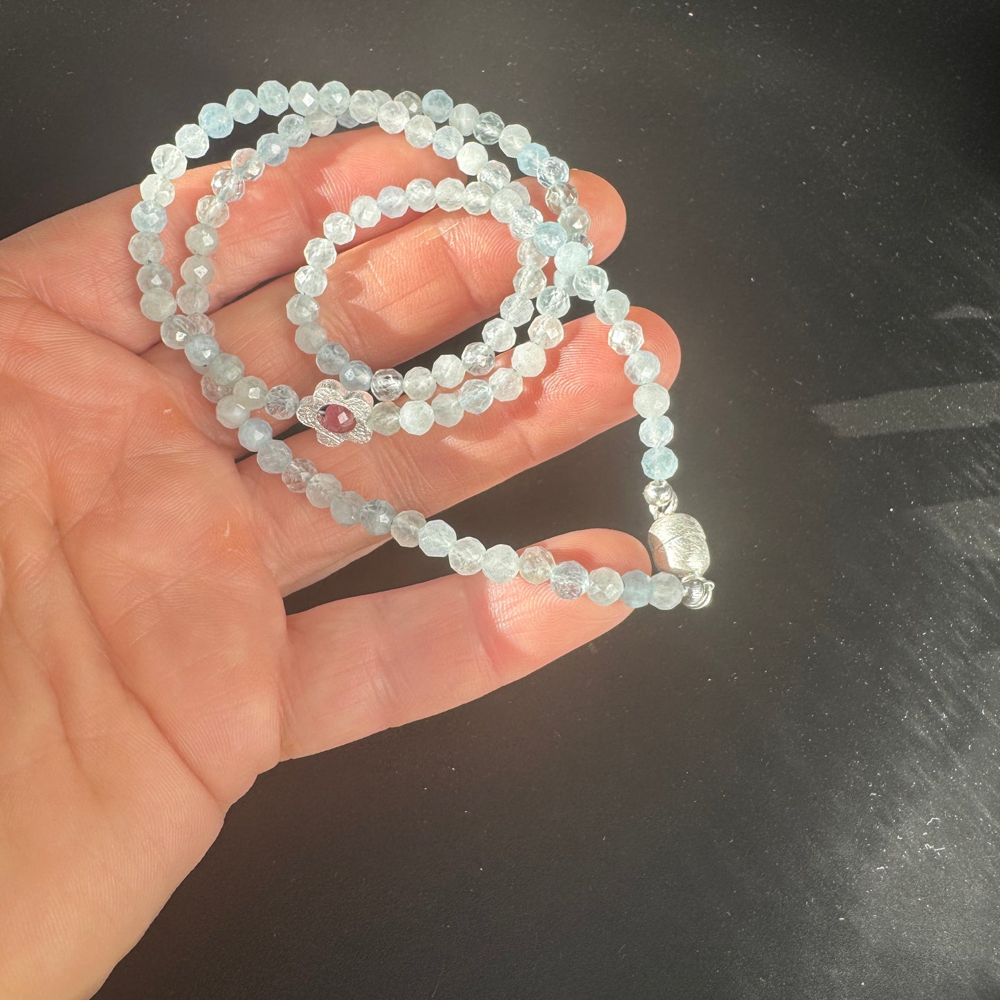 Aquamarin Kette 4 mm facettiert | 925 Silber & rosa Turmalin