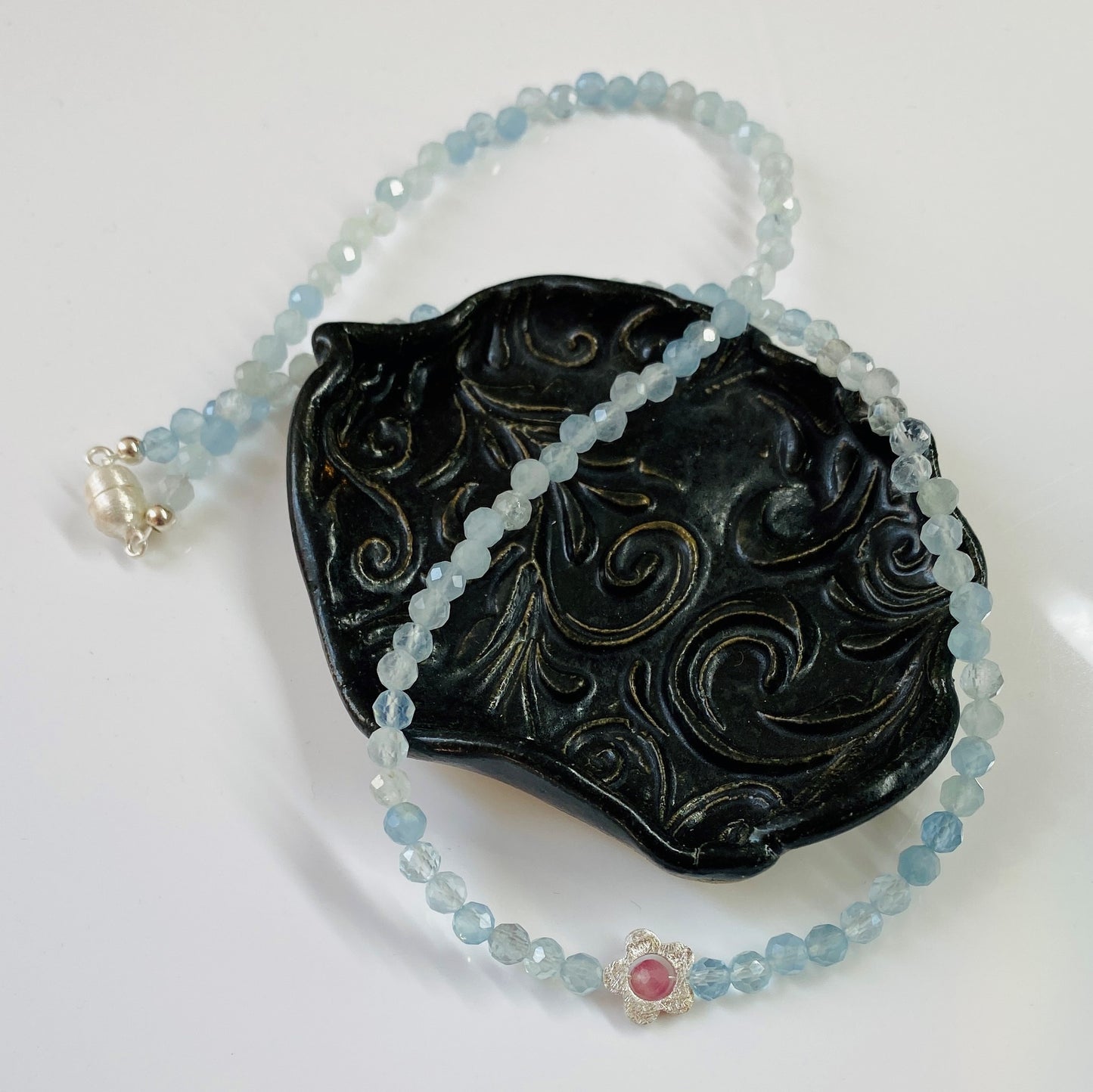 Aquamarin Kette 4 mm facettiert | 925 Silber & rosa Turmalin