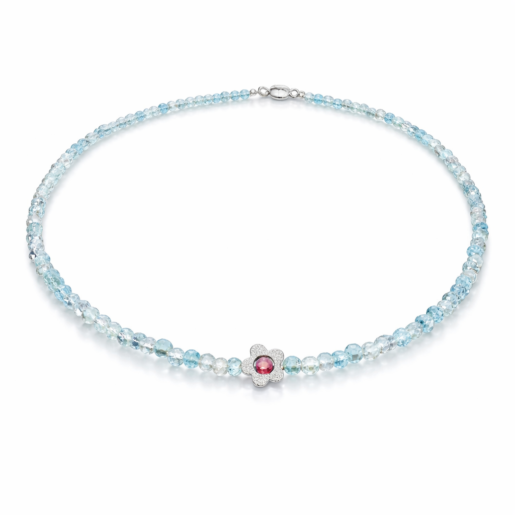 Aquamarin Kette 4 mm facettiert | 925 Silber & rosa Turmalin